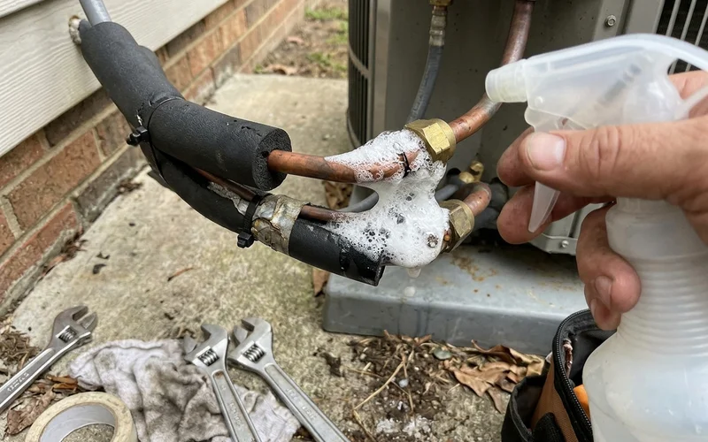 Bubble test solution foaming on a cracked flare connection