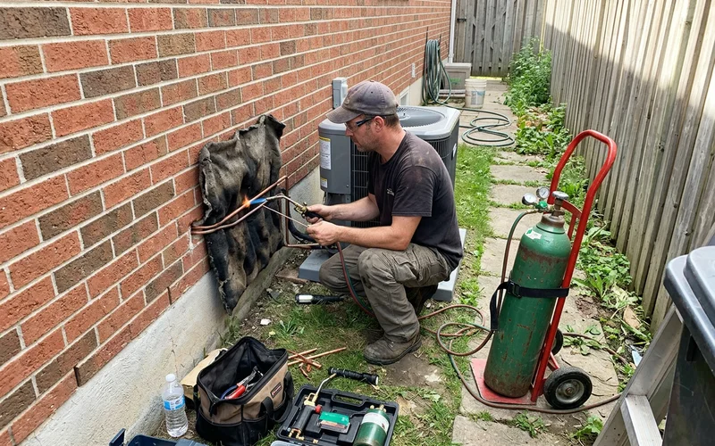 Installer brazing a copper line set under nitrogen at the wall penetration for a new heat pump