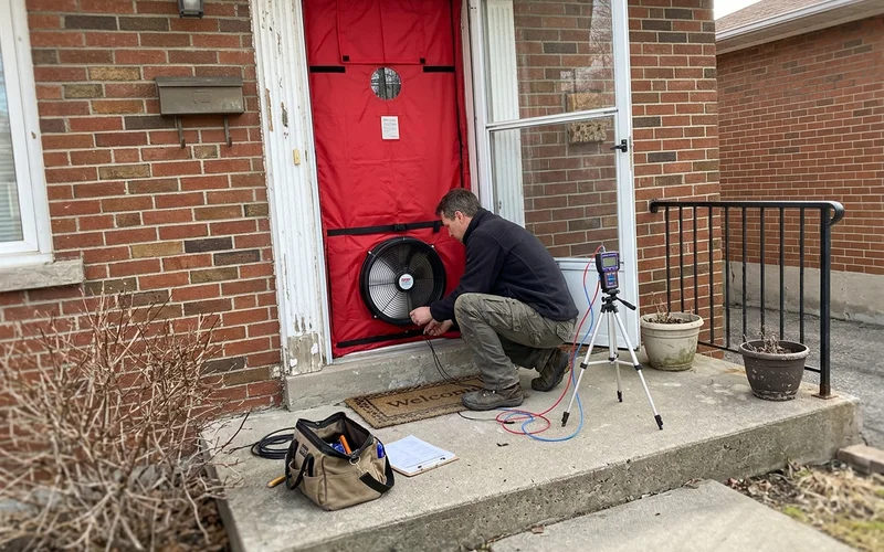 Energy advisor setting up a blower door test for a pre-retrofit audit