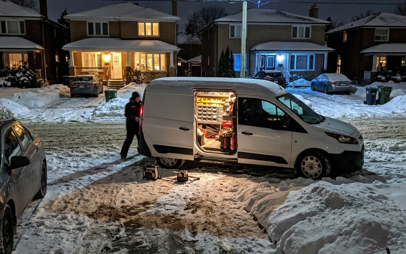 Service van on a snowy residential street at night with parts bins visible