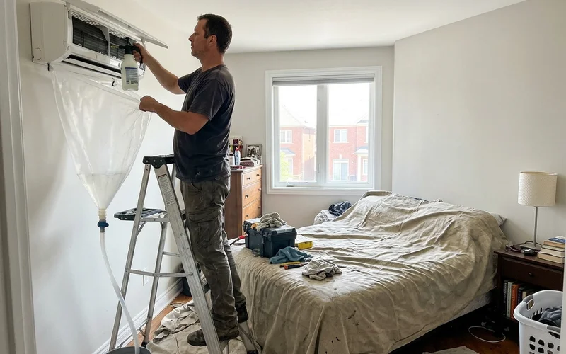 Technician cleaning the blower wheel of a ductless wall head with a drip bag