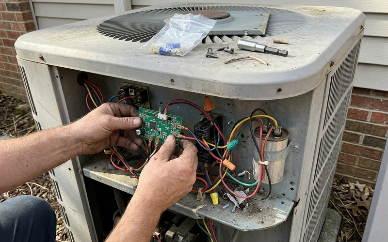 Technician swapping a defrost control board inside the outdoor unit