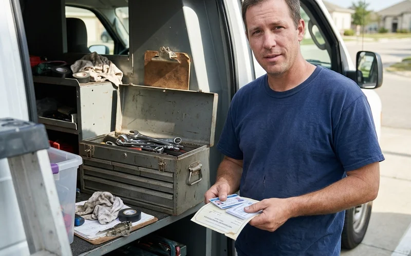 Technician holding trade certification cards beside a service van toolbox