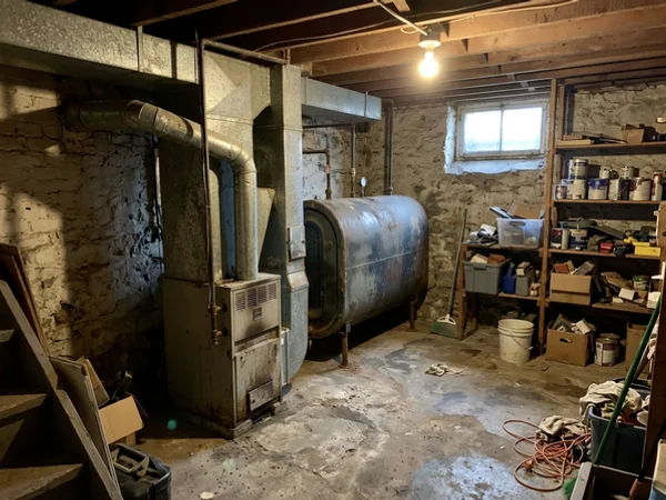 Before: old oil furnace and tank in a Rosedale basement