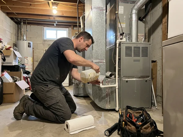 Condensate drain line being flushed at the air handler
