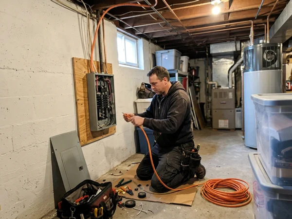 Electrician wiring a dedicated circuit for the water heater