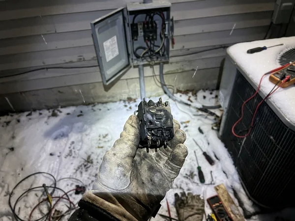 Burnt contactor removed from a heat pump at night