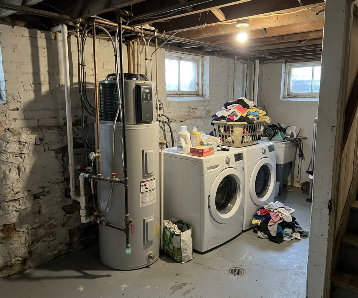 Heat pump water heater in the basement laundry room of a 1910 Riverdale semi