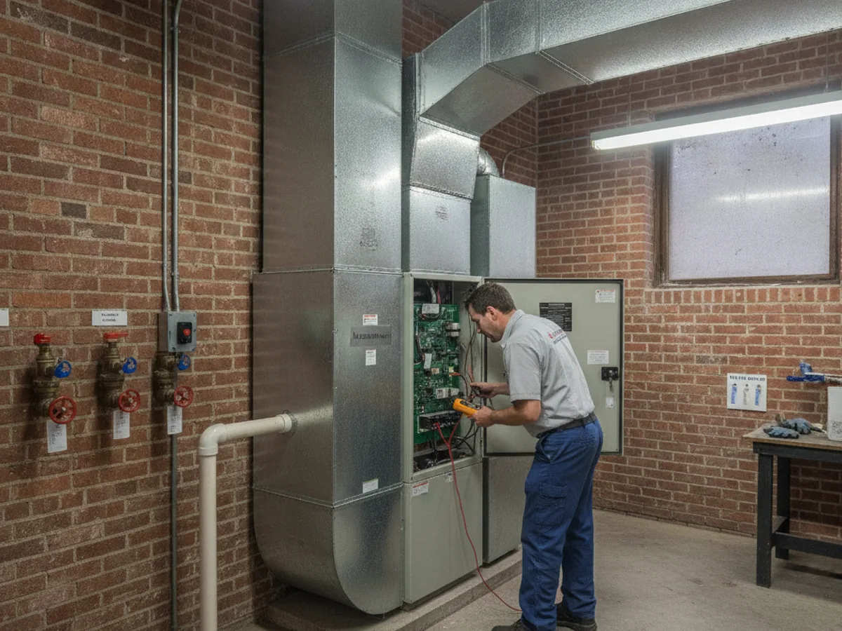 New Mitsubishi air handler connected to existing ducts in a building mechanical room
