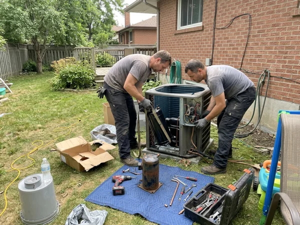 New OEM inverter compressor being lowered into the outdoor unit