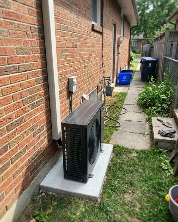 New side-discharge heat pump on a clean pad in the same side yard