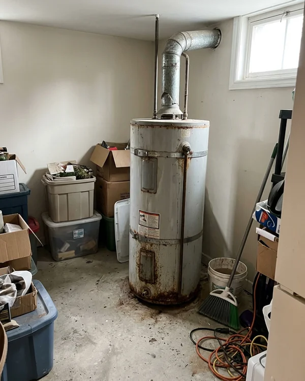 Old gas rental water heater before replacement
