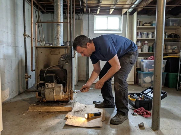 Technician disconnecting an old oil burner