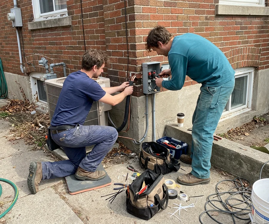 Red Seal HVAC technician and ESA licensed electrician working together on a commercial install