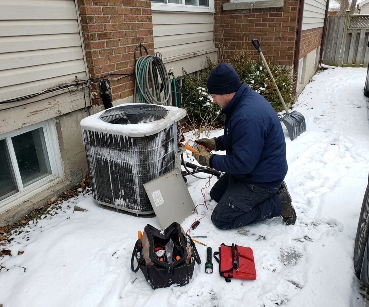Service technician diagnosing an iced heat pump outdoor unit with the access panel open