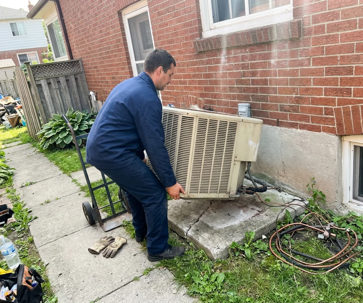 Technician removing an old central AC condenser from beside a Leslieville semi