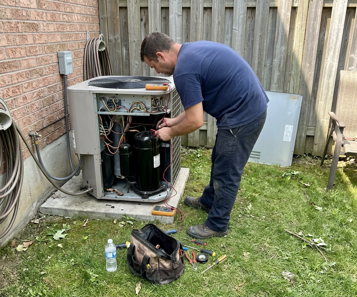 Technician testing inverter compressor windings with a multimeter inside the outdoor unit