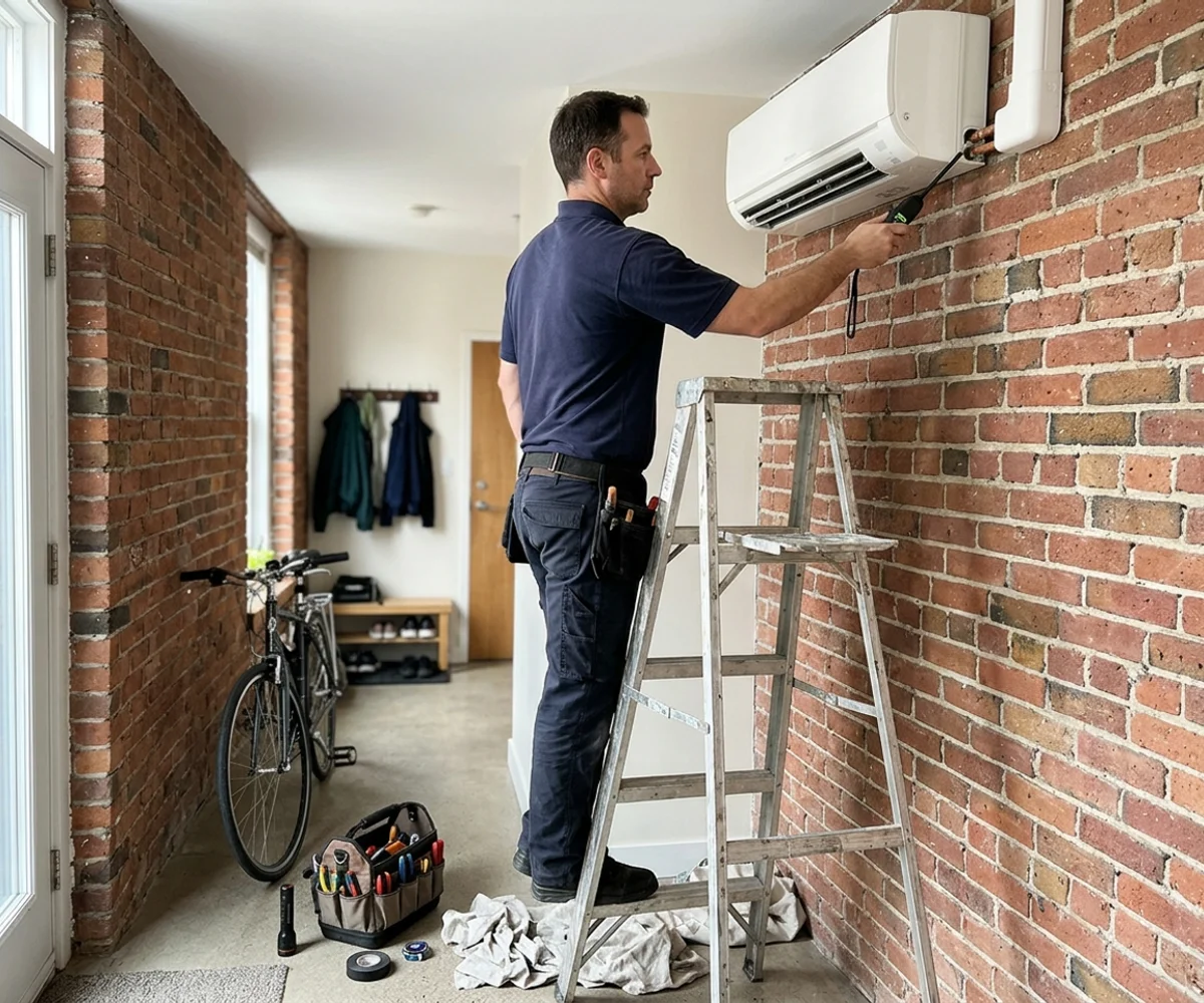 Technician using an electronic leak detector at a flare fitting behind a ductless head
