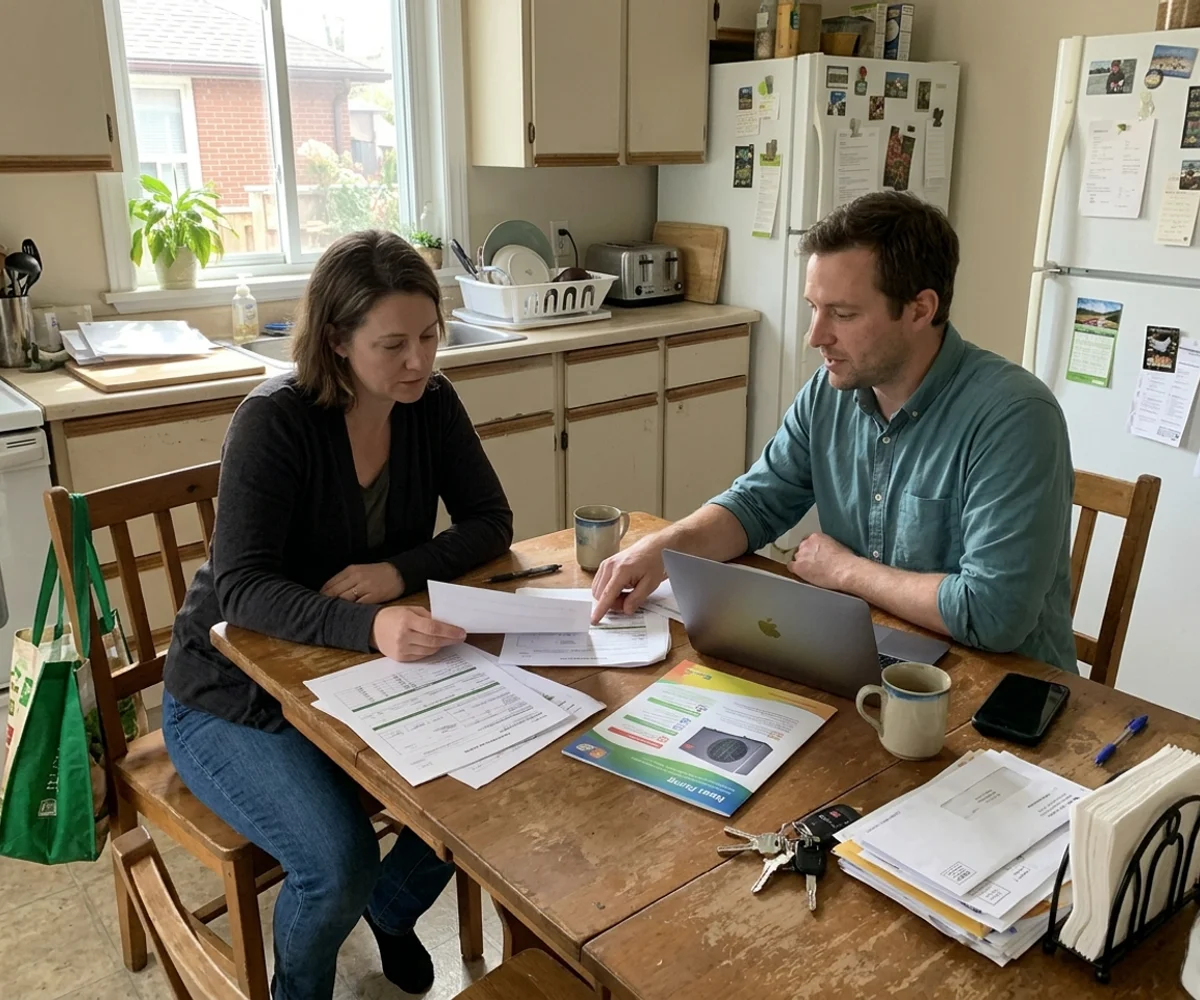 Homeowner and rebate coordinator reviewing energy audit paperwork at a Toronto kitchen table